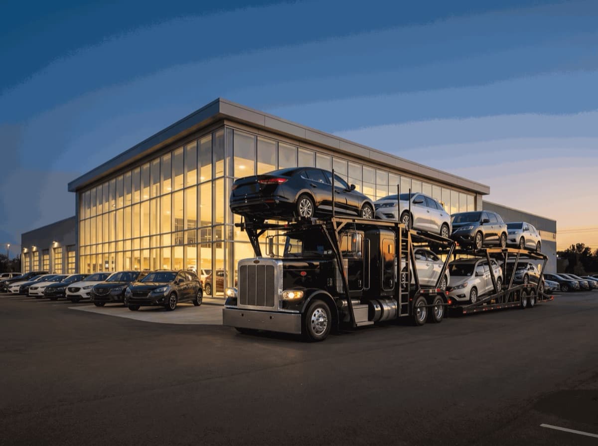 Car hauler loaded with new vehicles parked in front of a glass dealership showroom