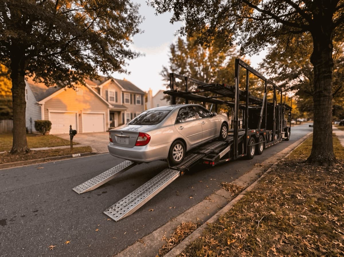 Silver sedan being loaded onto a car hauler at the curb of a suburban home