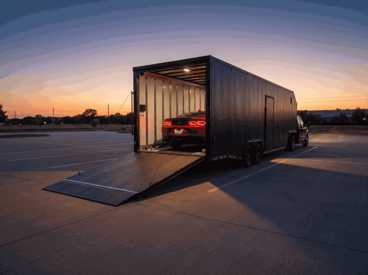 Enclosed black trailer at dusk with its ramp down and a red sports car secured inside