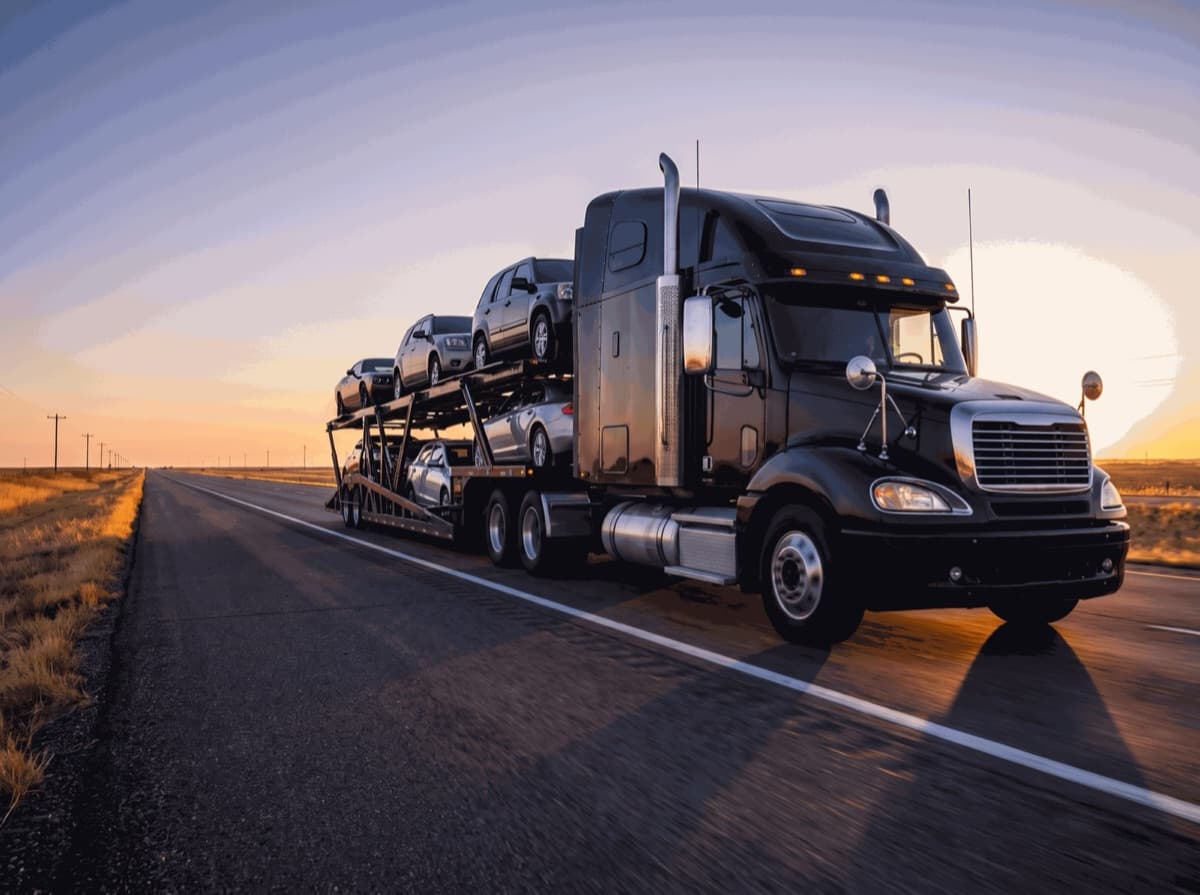 Loaded black car hauler moving fast down an open highway at sunrise