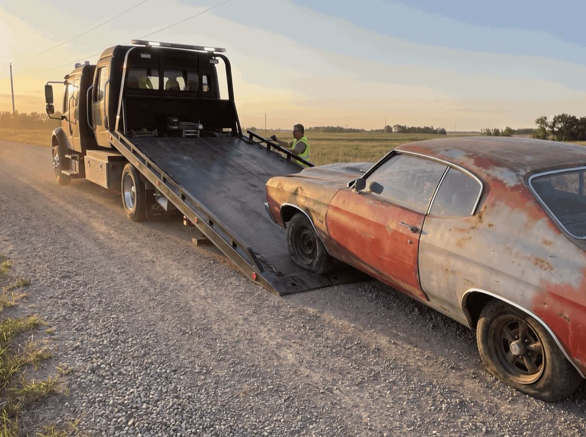 Faded classic car being winched onto a flatbed hauler on a country road