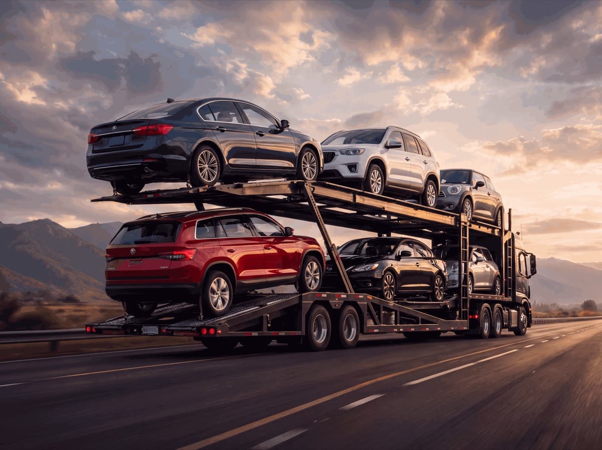Open car carrier loaded with vehicles on the highway at dusk